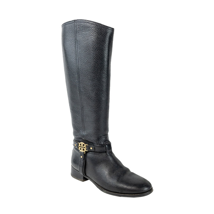 Tory Burch Black Leather Riding Boots with Gold Buckle