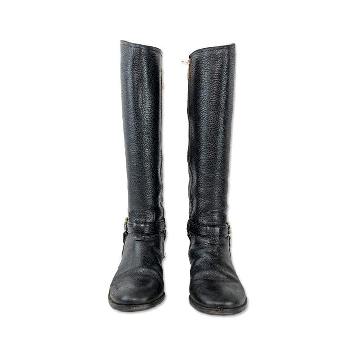 Tory Burch Black Leather Riding Boots with Gold Buckle