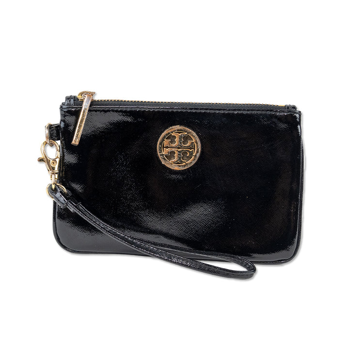 Tory Burch Black Patent Leather Pouch with Gold Hardware