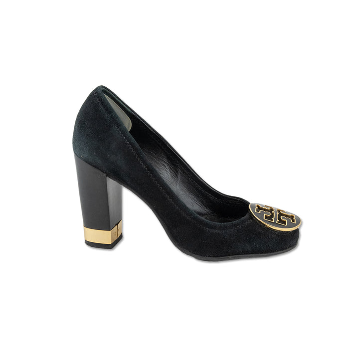 Tory Burch Black Suede Logo Heels with Gold Accents