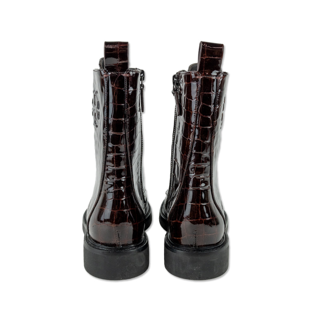 Tory Burch Brown Croc-Embossed Patent Leather Combat Boots