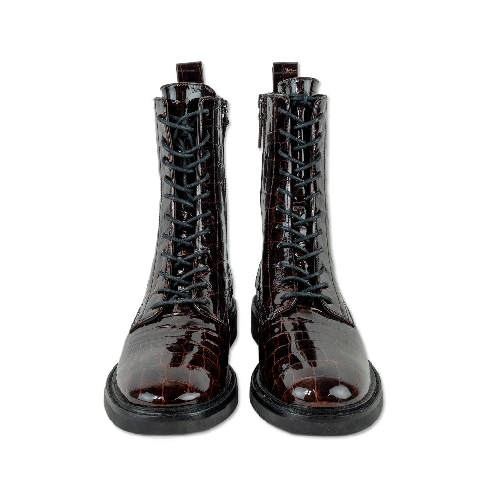 Tory Burch Brown Croc-Embossed Patent Leather Combat Boots