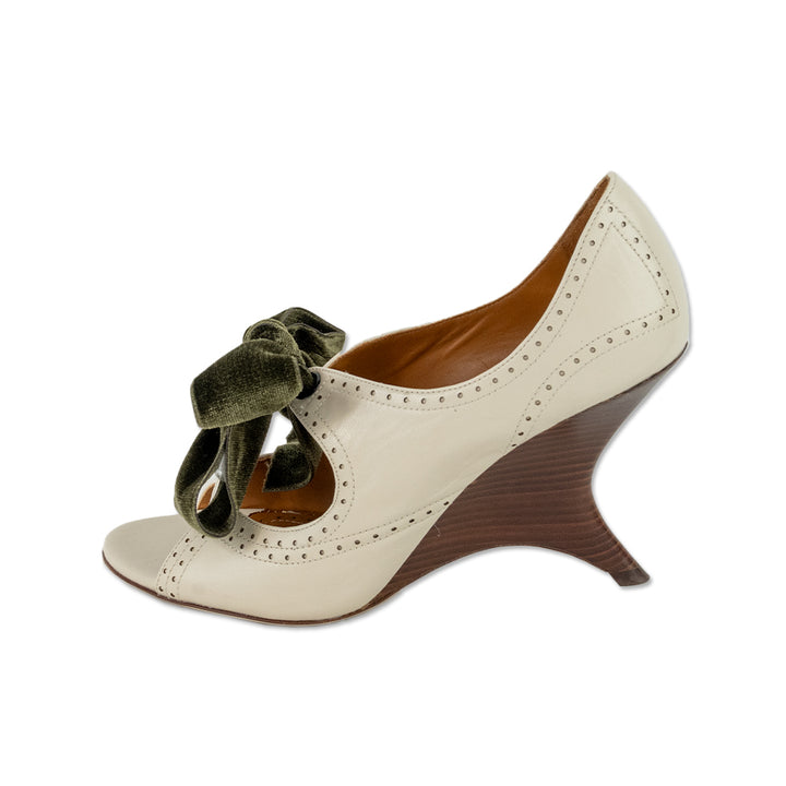 Tory Burch Green Velvet Bow Cream Leather Wedge Pumps