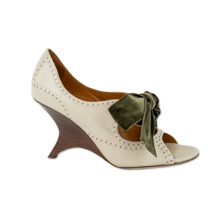 Tory Burch Green Velvet Bow Cream Leather Wedge Pumps