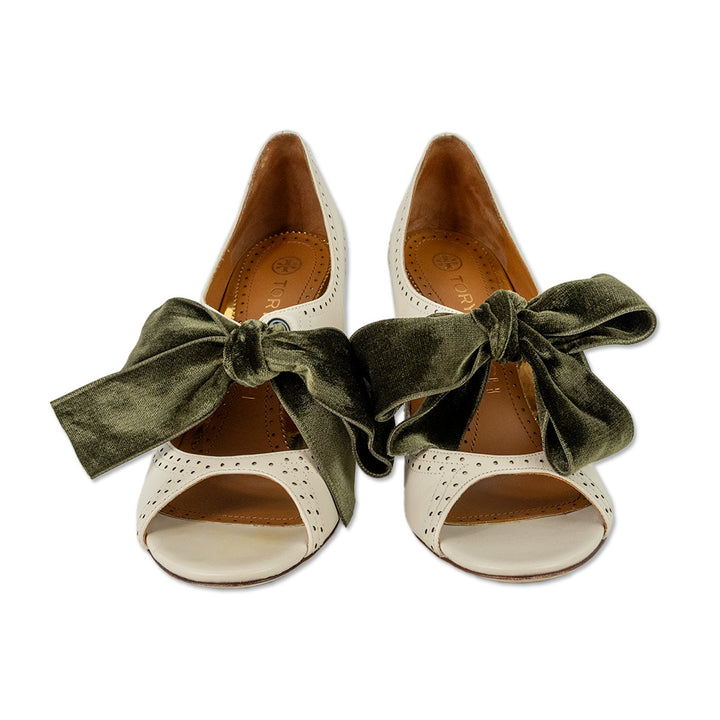 Tory Burch Green Velvet Bow Cream Leather Wedge Pumps