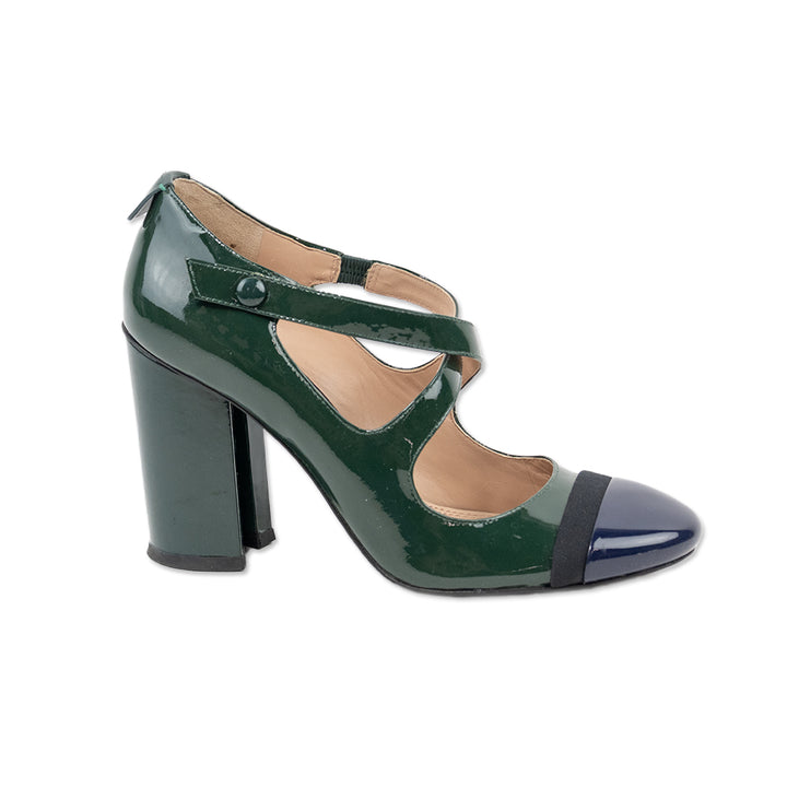 Tory Burch Navy Cap Toe Green Patent Leather Heel