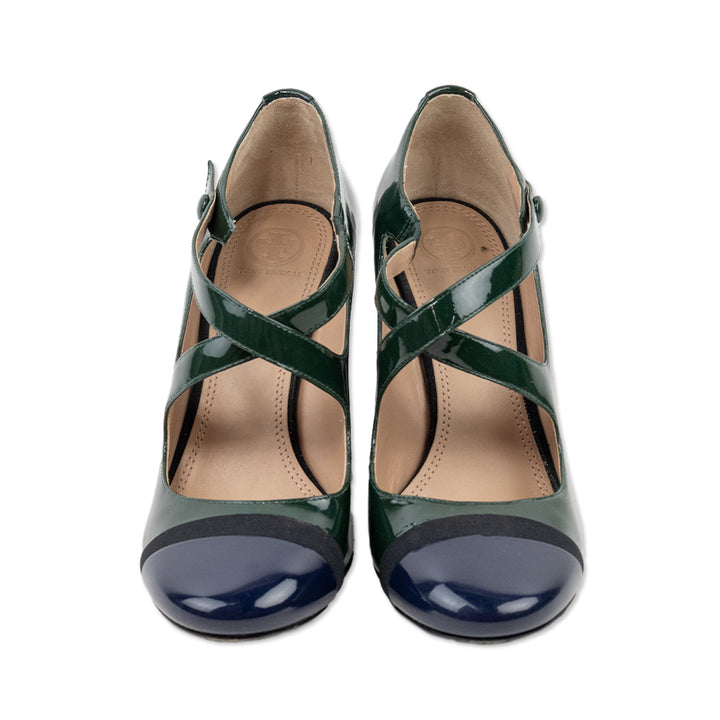 Tory Burch Navy Cap Toe Green Patent Leather Heel