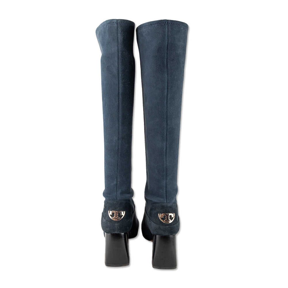 Tory Burch Square Toe Two Tone Blue Suede Calf Boots