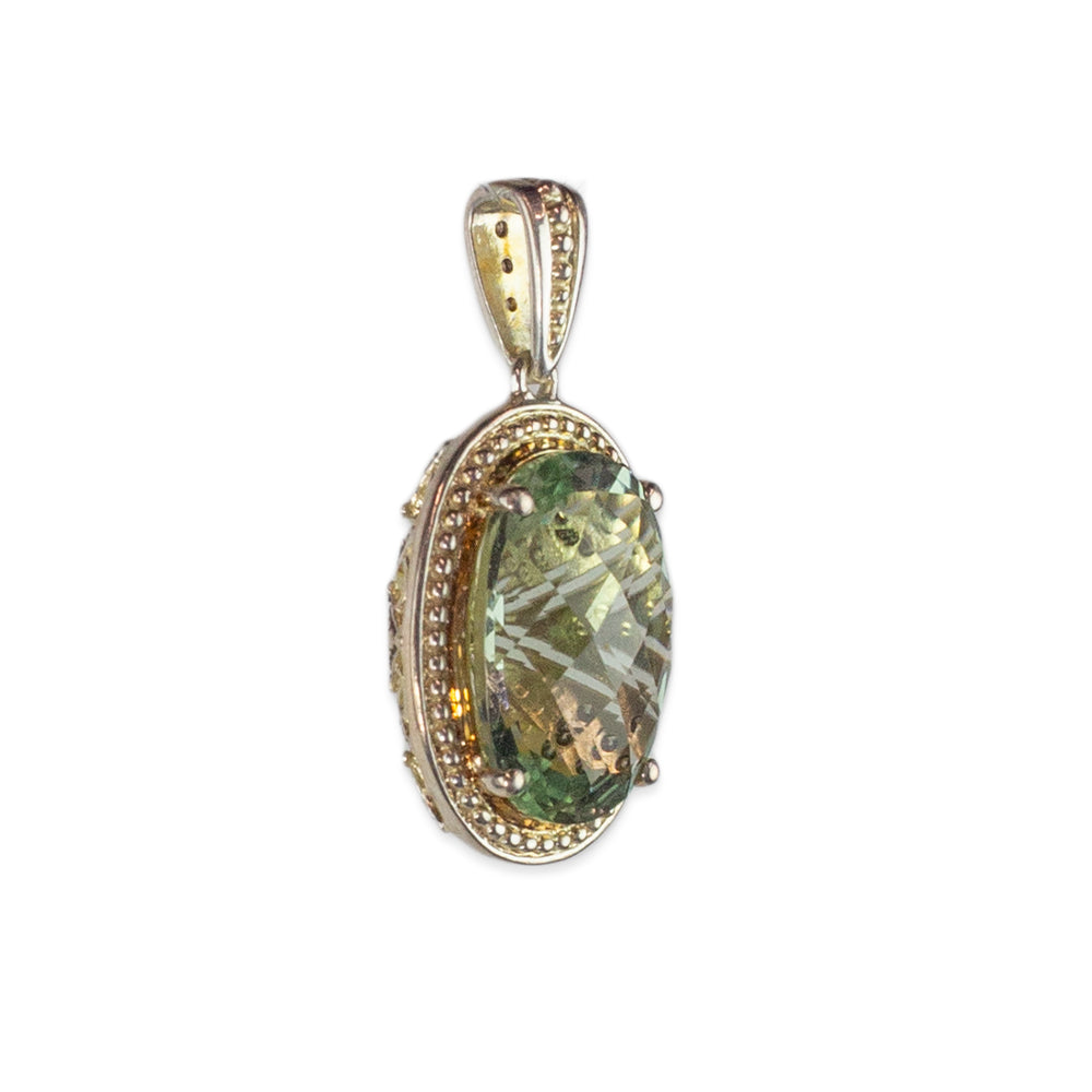 Two-Tone Sterling Light Green Stone Oval Pendant