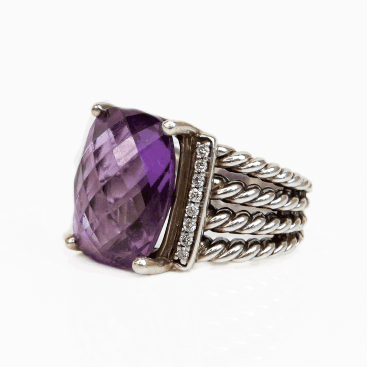 David Yurman Sterling Silver Wheaton Amethyst & Diamond Ring