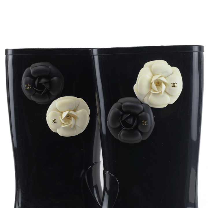 Chanel Black Rubber Camellia Rain Boots