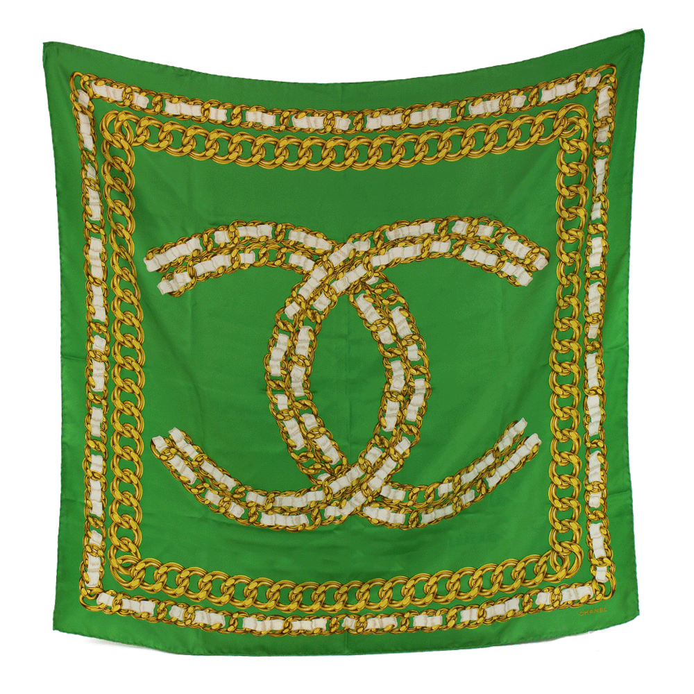 Chanel Vintage Green & Gold Chain Silk Square Scarf