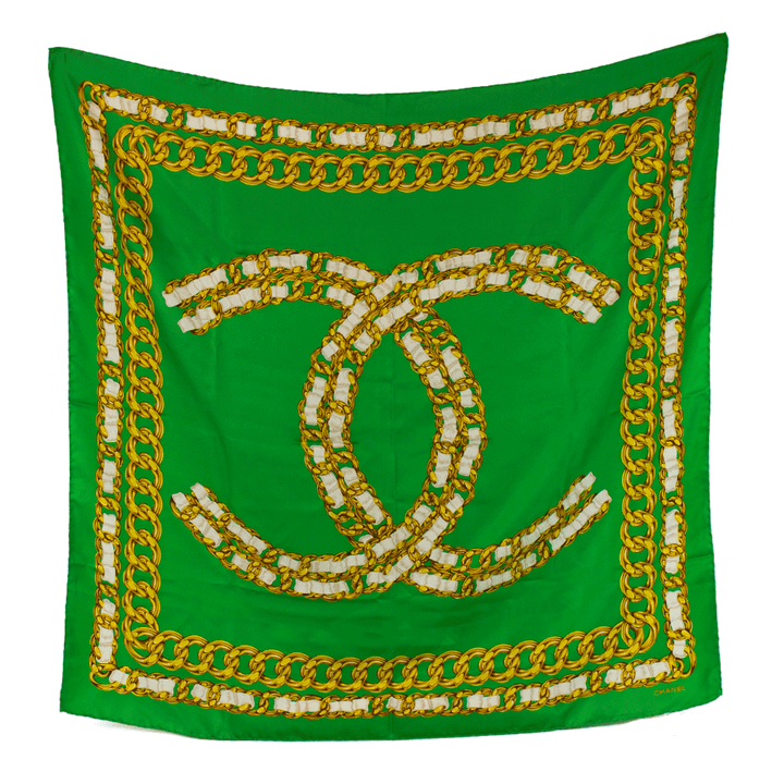 Chanel Vintage Green & Gold Chain Silk Square Scarf