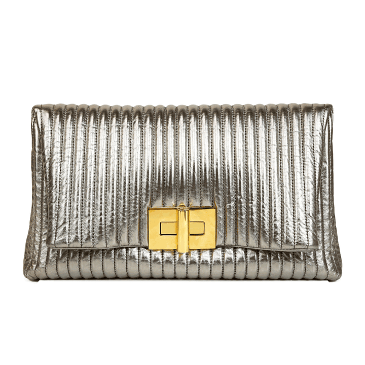 Tom Ford Silver Quilted Leather Turn-Lock Clutch Bag