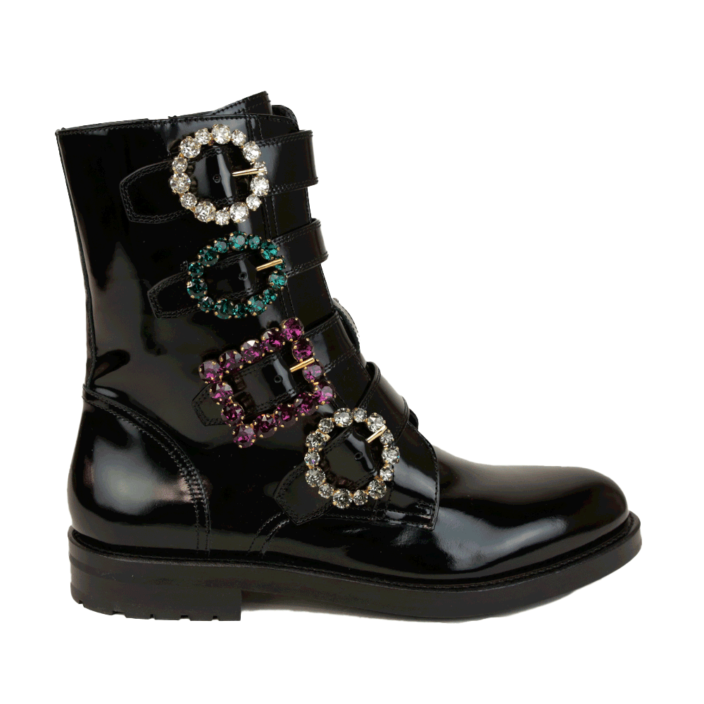 Dolce & Gabbana Black Leather Crystal Buckle Combat Boots