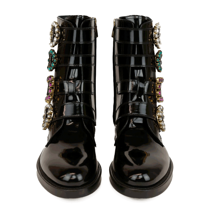 Dolce & Gabbana Black Leather Crystal Buckle Combat Boots