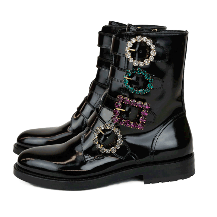 Dolce & Gabbana Black Leather Crystal Buckle Combat Boots