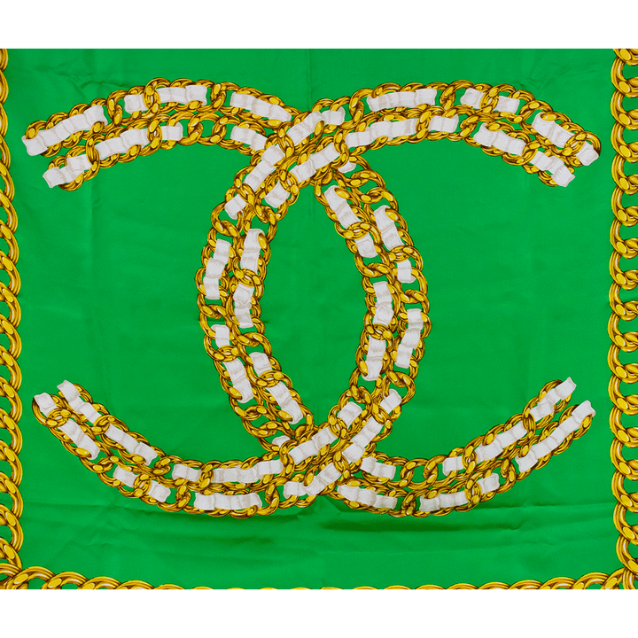 Chanel Vintage Green & Gold Chain Silk Square Scarf