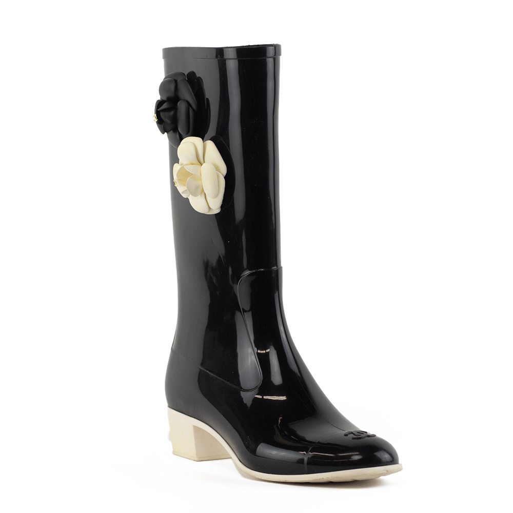 Chanel Black Rubber Camellia Rain Boots