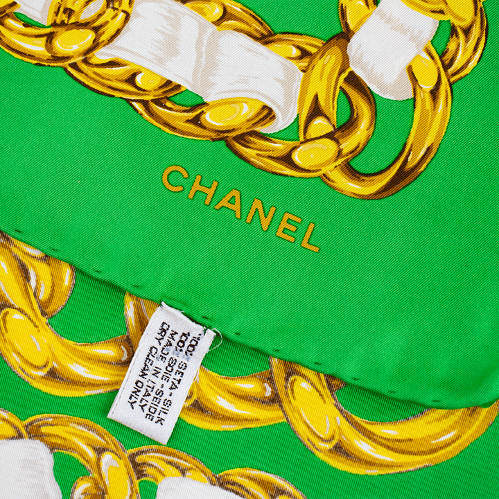 Chanel Vintage Green & Gold Chain Silk Square Scarf