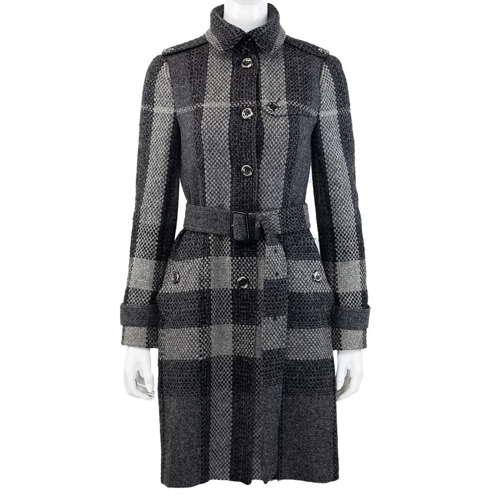 Burberry Gray Plaid Wool Coat