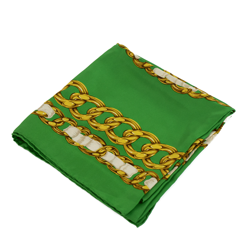 Chanel Vintage Green & Gold Chain Silk Square Scarf