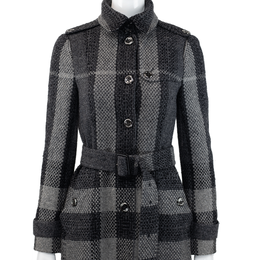 Burberry Gray Plaid Wool Coat