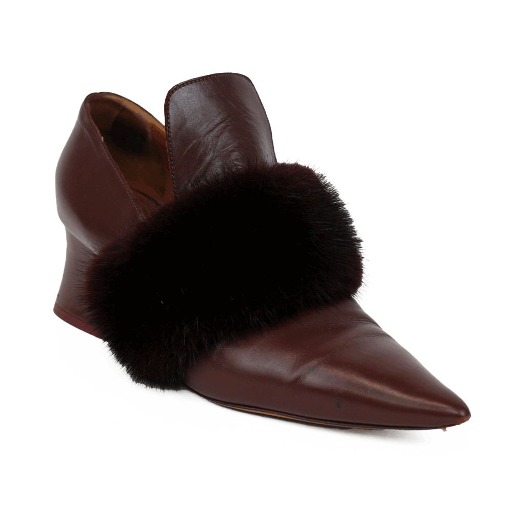 Givenchy Burgundy Leather Pointed Toe Fur Trim Pumps