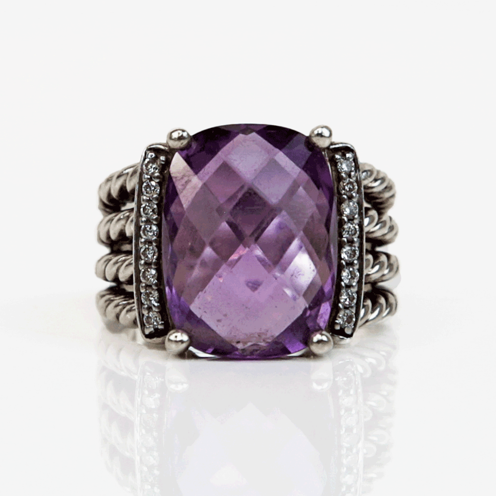 David Yurman Sterling Silver Wheaton Amethyst & Diamond Ring