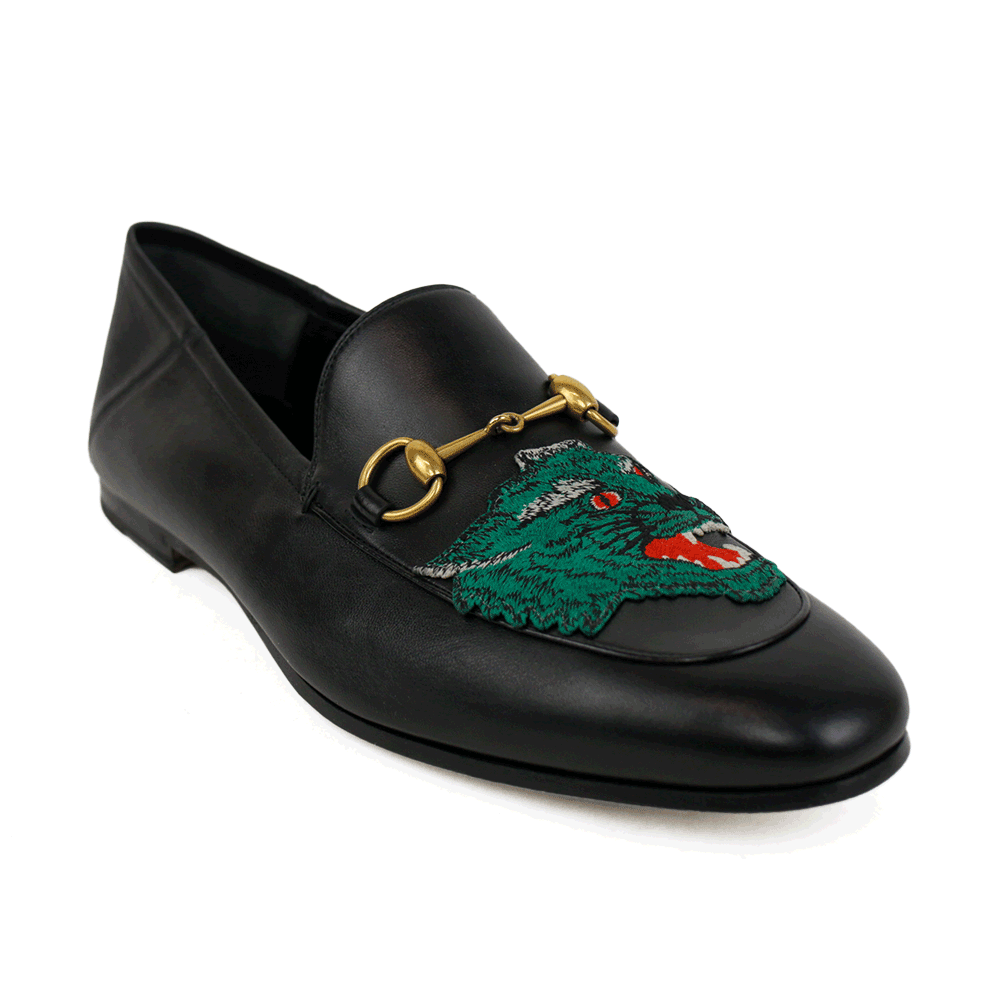 Gucci Men's Brixton Black Leather Tiger Horsebit Loafers