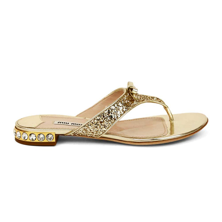 Miu Miu Gold Leather Glitter Thong Sandals