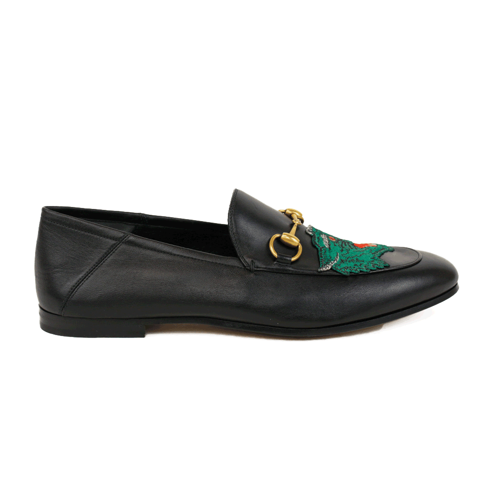 Gucci Men's Brixton Black Leather Tiger Horsebit Loafers