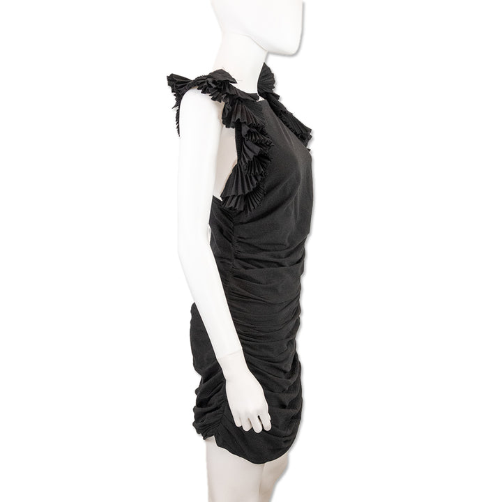 Isabel Marant Black Ruffle Shoulder Ruched Dress