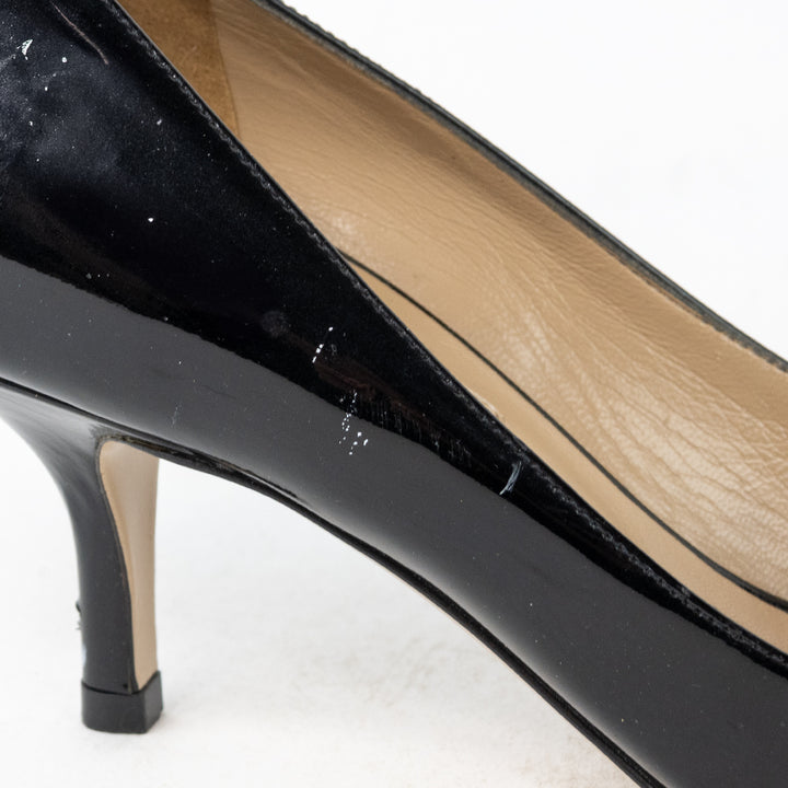 Valentino Black Patent Leather Peep Toe Bow Accent Heels