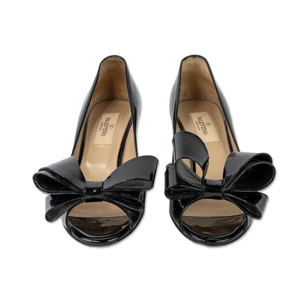 Valentino Black Patent Leather Peep Toe Bow Accent Heels