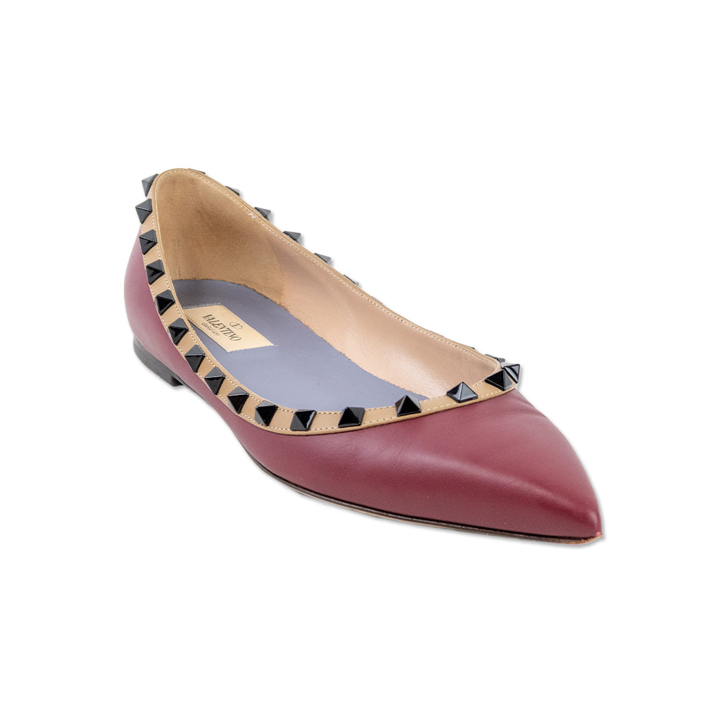 Valentino Garavani Burgundy Leather Rockstud Pointed-Toe Ballet Flats