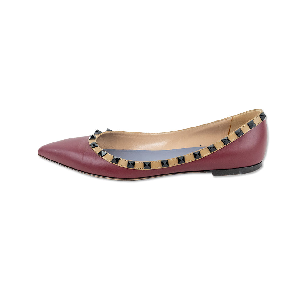 Valentino Garavani Burgundy Leather Rockstud Pointed-Toe Ballet Flats