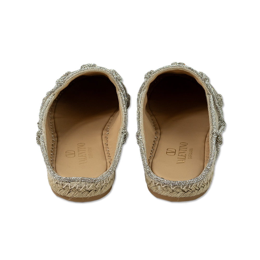 Valentino Garavani Natural Jute Rhinestone Caged Espadrille Mules