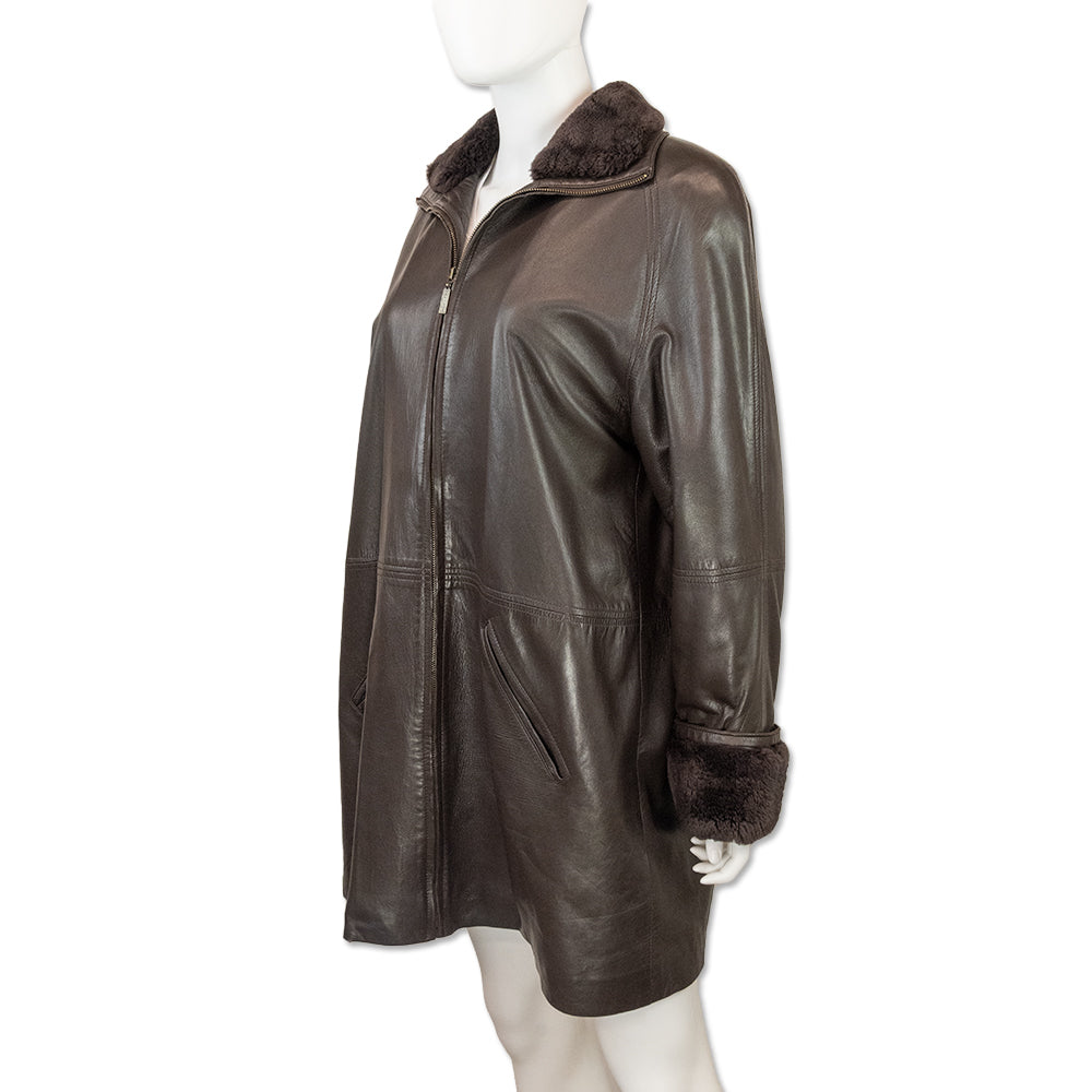 Vericci Brown Leather Mink Trim Coat