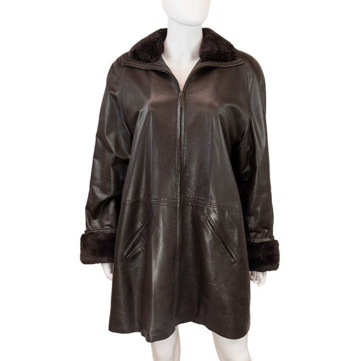 Vericci Brown Leather Mink Trim Coat