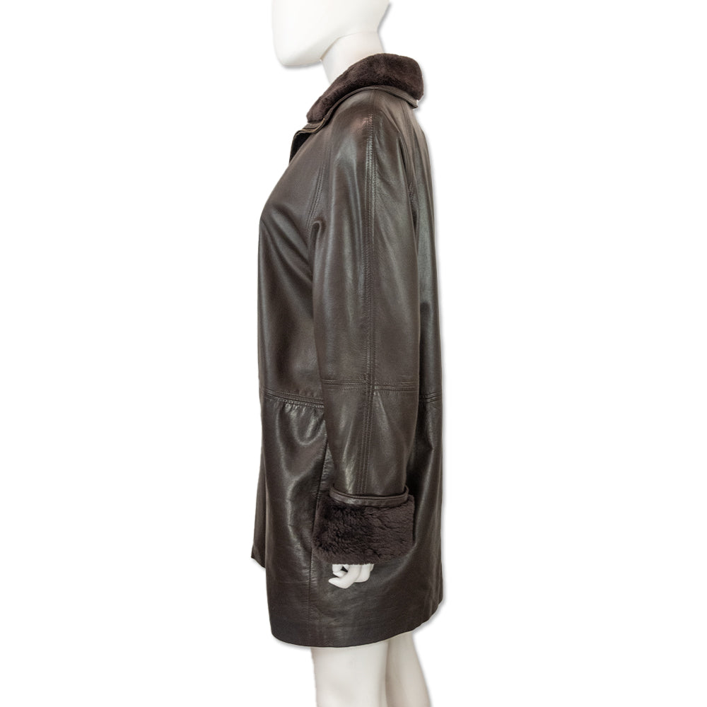 Vericci Brown Leather Mink Trim Coat