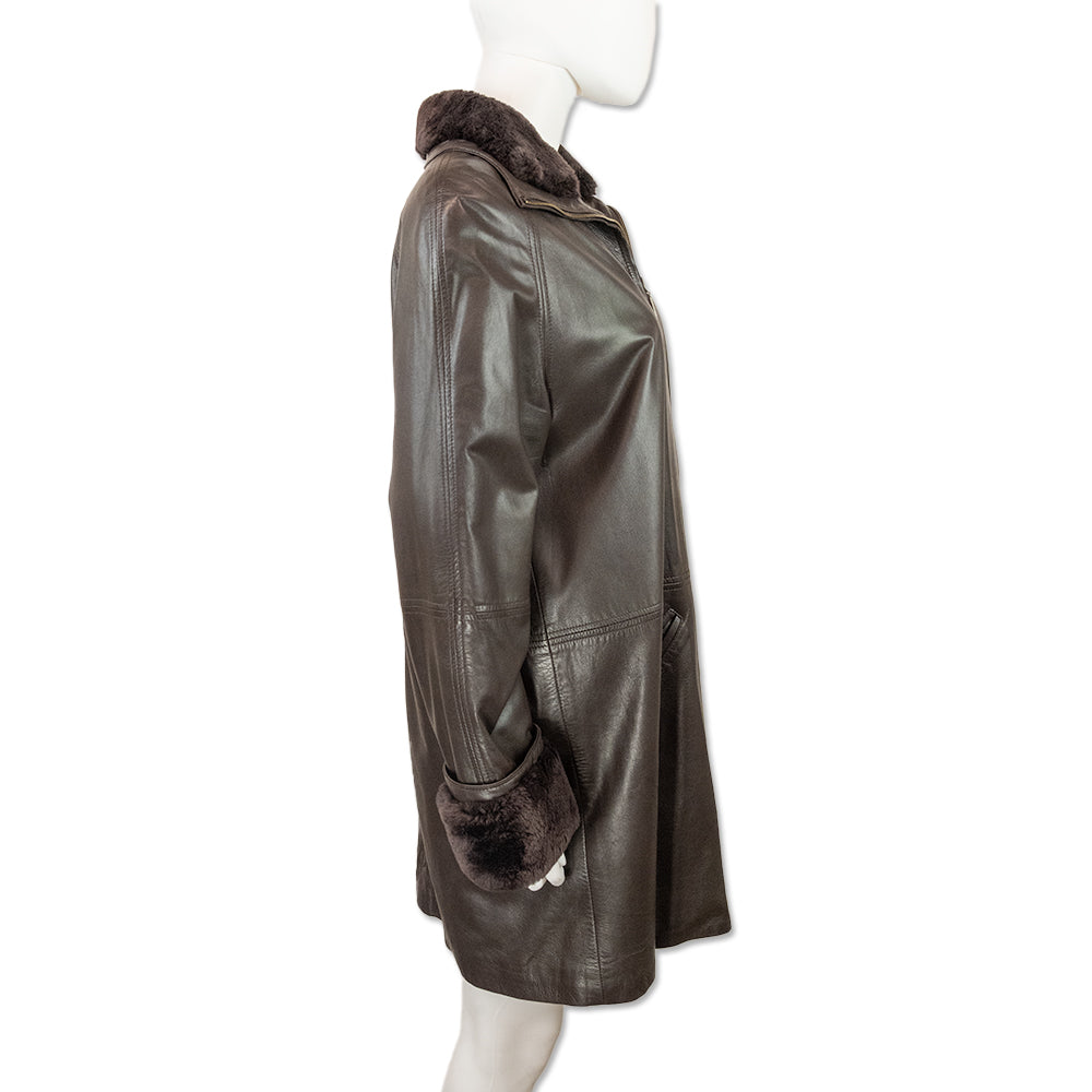 Vericci Brown Leather Mink Trim Coat