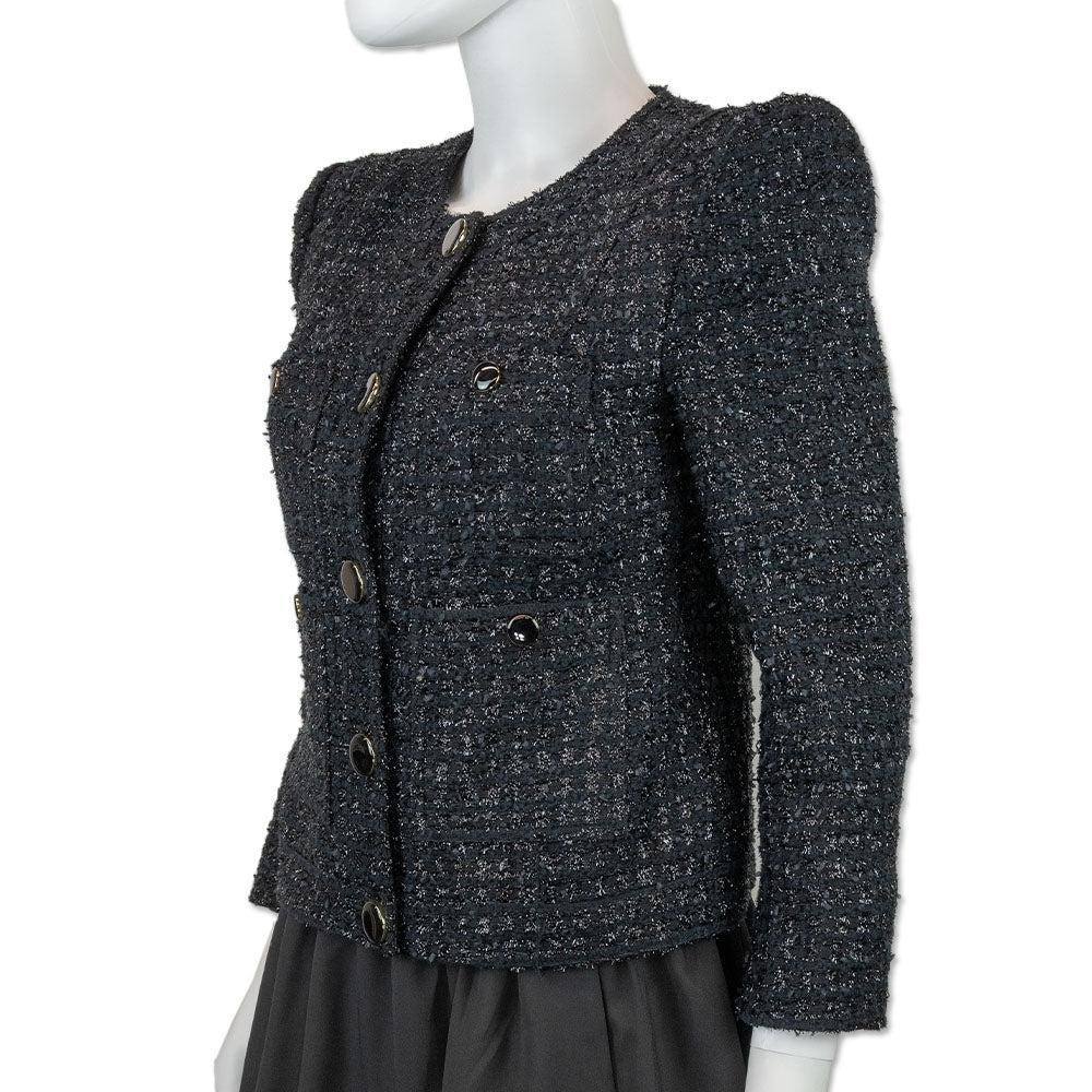 Veronica Beard Black Tweed Tinsel Fringe Cropped Blazer