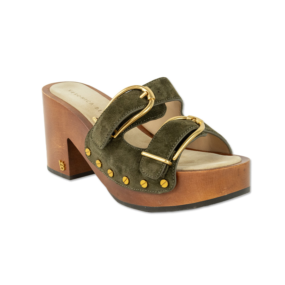 Veronica Beard Halifax Olive Green Suede Buckle Platform Clogs