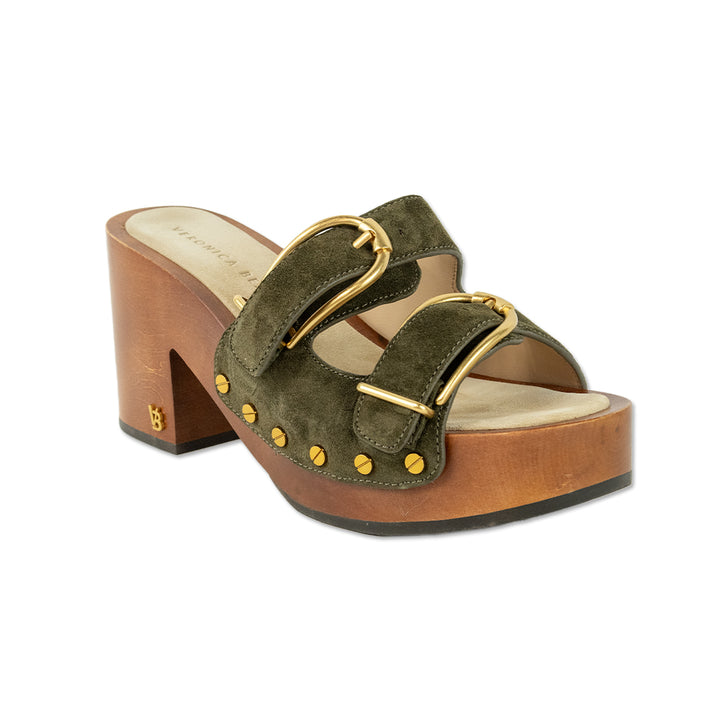 Veronica Beard Halifax Olive Green Suede Buckle Platform Clogs