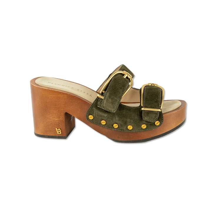 Veronica Beard Halifax Olive Green Suede Buckle Platform Clogs