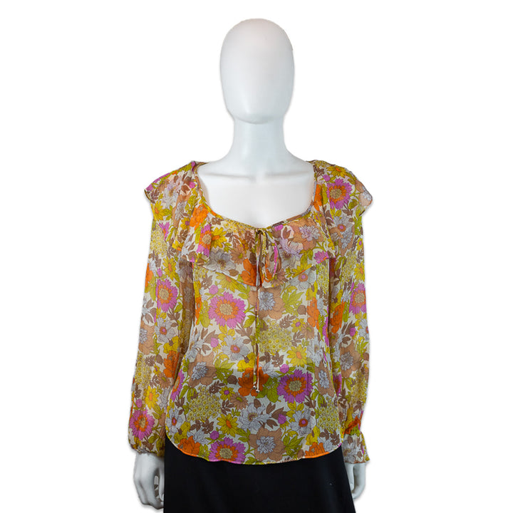 Veronica Beard Yellow Multi Floral Print Silk Long Sleeve V-Neck Ruffle Collar Blouse