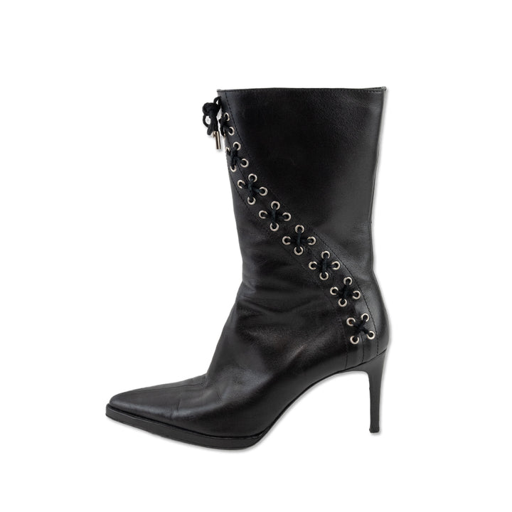 Versace Black Leather Lace Up Pointed Toe Heeled Boots