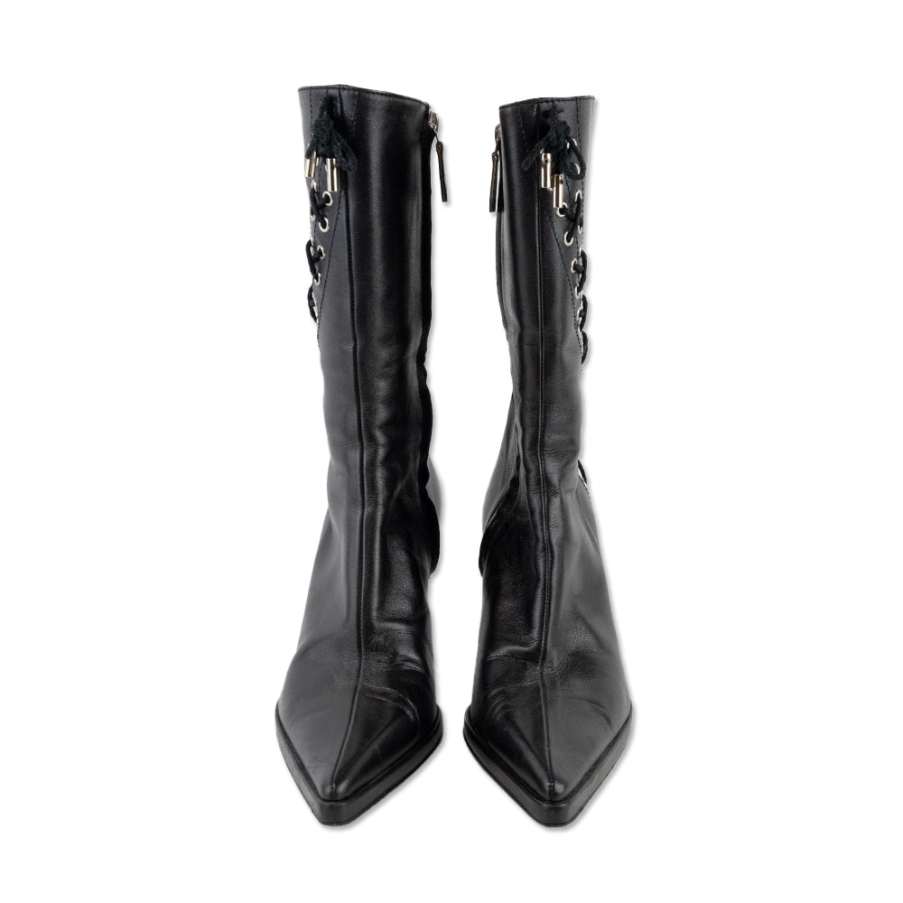 Versace Black Leather Lace Up Pointed Toe Heeled Boots