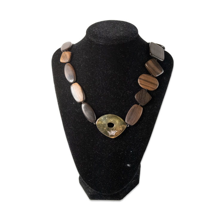 Wood Chain Necklace with Diamond Cluster and Gold Stone